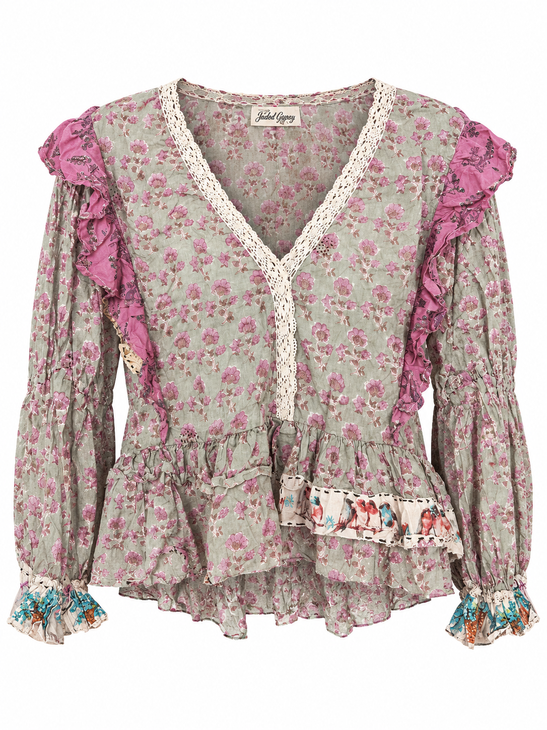 Trestles Clothing Company Dusty Bloom cropped cotton top with floral print, lace V-neck, ruffled sleeves, and bird trim